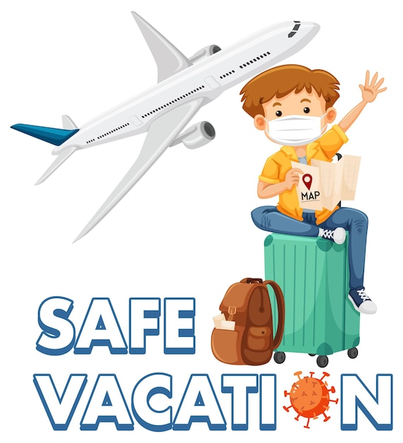 Вектор Логотип safe vacation с туристом в маске, готовым к путешествию во время пандемии covid-19