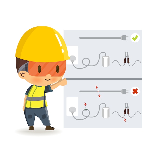 Vector safety concept, character construction worker is confused about true or false. illustration.