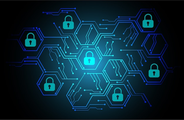 safety concept, closed padlock on digital background, circuit board cyber security