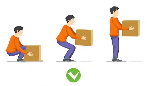 Vector safety correct lifting of heavy box illustration. instruction correct lifting load