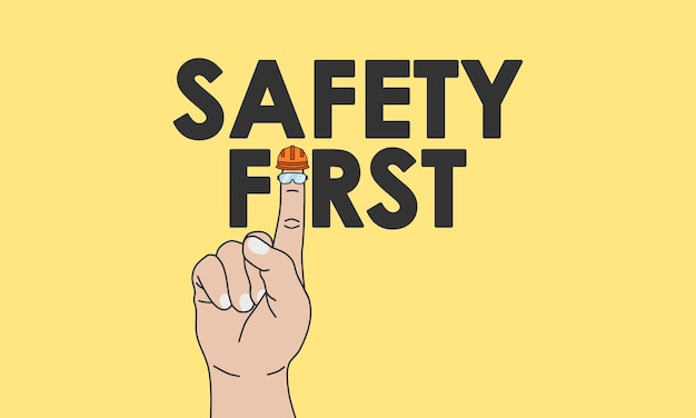 Safety first concept right hand with pointing finger and safety helmet and glasses vector illustration