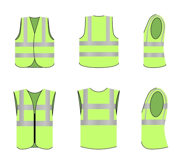 Vector safety jacket uniform with reflective fluorescent stripe set. vest workwear for security or construction site worker, engineer sleeveless apparel vector illustration isolated on white background