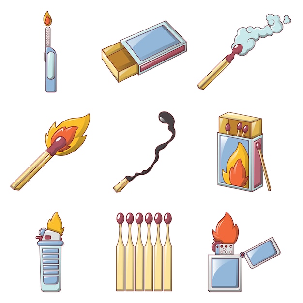 Safety match ignite burn icons set