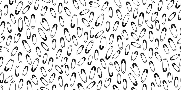 Safety pin cartoon seamless pattern, black sewing pins hand drawn tailoring monochrome flat design. scrapbook, wrapping paper, textile, fabric, wallpaper, tile background