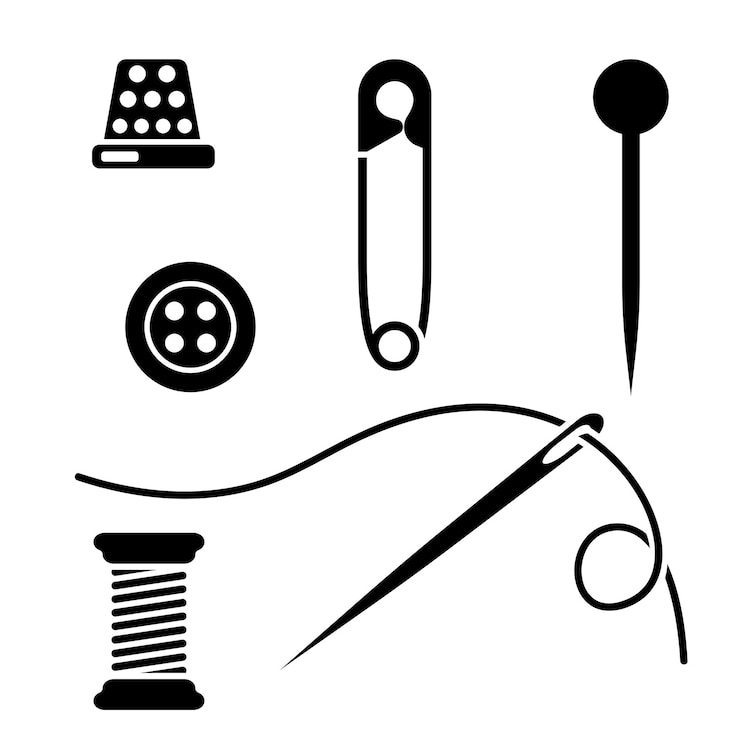 Vector safety pin set of pin open and closed and fastened spool of thread with a needle and a thimble