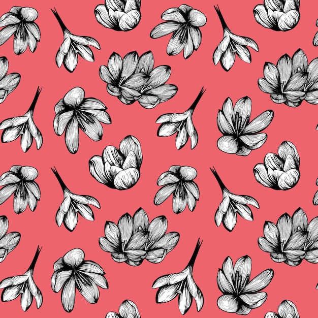 Saffron seamless pattern sketch crocus flower pattern handdrawn vector illustration