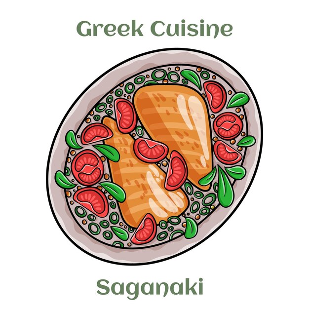 Saganaki is a Greek delicacy of fried cheese Traditional Greek Cuisine Isolated vector illustration