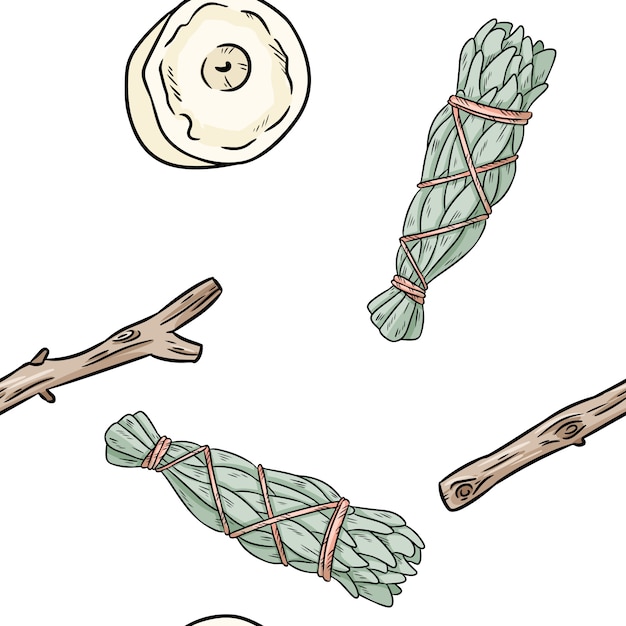 Sage smudge sticks and candles hand-drawn boho seamless pattern