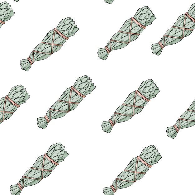 Vector sage smudge sticks hand-drawn boho seamless pattern. sage herb bundle texture background