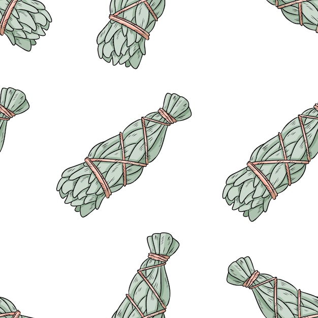 Sage smudge sticks hand-drawn boho seamless pattern. Sage herb bundle