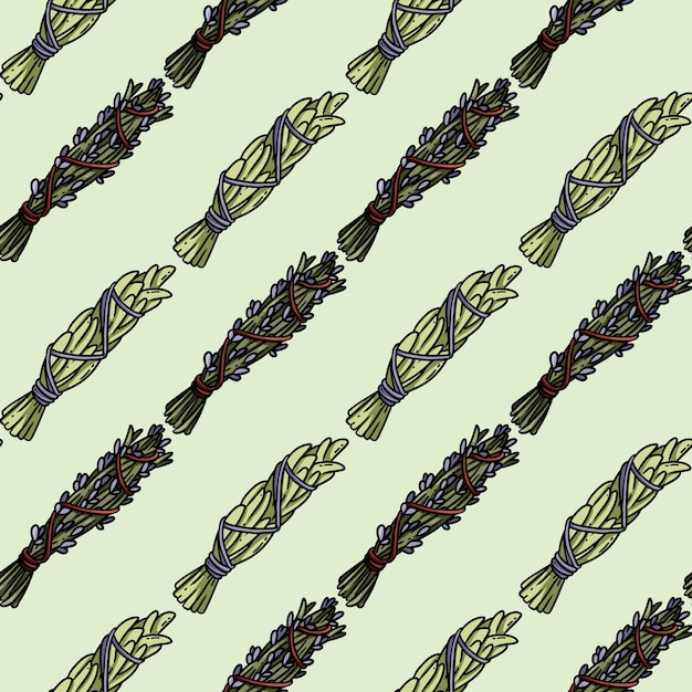 Sage smudge sticks handdrawn boho seamless pattern Sage herb bundle texture print background