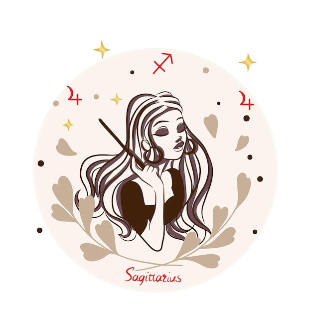 Ragazza del sagittario con la decorazione del segno dello zodiaco di stile del fumetto della bacchetta magica