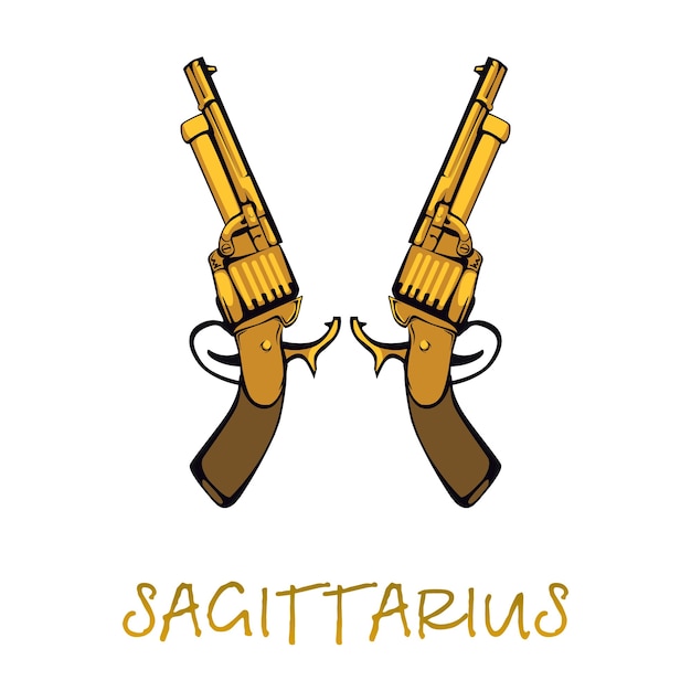 Sagittarius zodiac sign accessory flat cartoon . golden revolvers objects. astrological horoscope celestial symbols. antique guns element. isolated hand drawn item