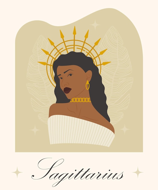 Знак зодиака Стрелец молодая афро женщина иллюстрации шаржа Астрологический символ гороскопа Персонаж для печати