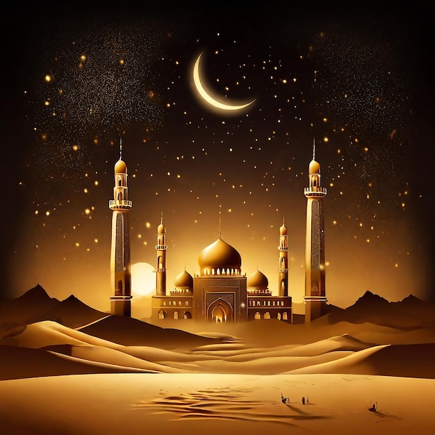 Sahara desert of beautiful Golden Mosque night Background for Eid Mubarak