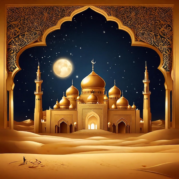 Sahara desert of beautiful Golden Mosque night Background for Eid Mubarak