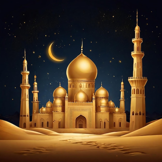 Sahara desert of beautiful Golden Mosque night Background for Eid Mubarak