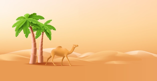 Sahara desert landscape background with palm trees oasis and camel hot sun