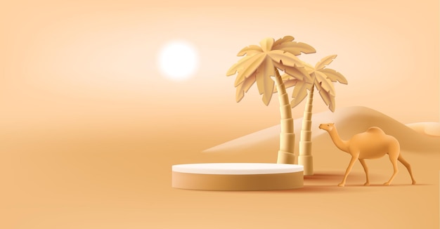 Vector sahara desert landscape background with pempty product podium and palm trees and camel hot sun advertising backdrop