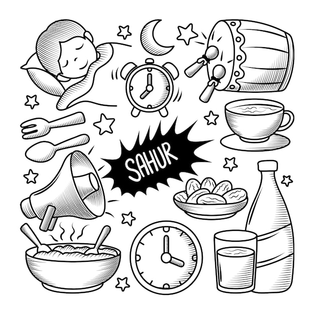 Vector sahur time hand getrokken doodle elementen collecties