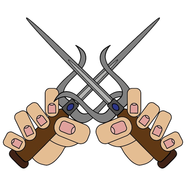 ベクトルグラフィックの漫画スタイルで白い背景に分離された手の画像のサイ武器