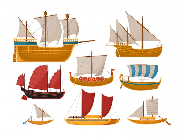 Sail boat  . isolated sailboat set with sea vessel and ocean ship side view. vintage wooden sailing vessels, galleys, galleons, rowing schooners on white backround.