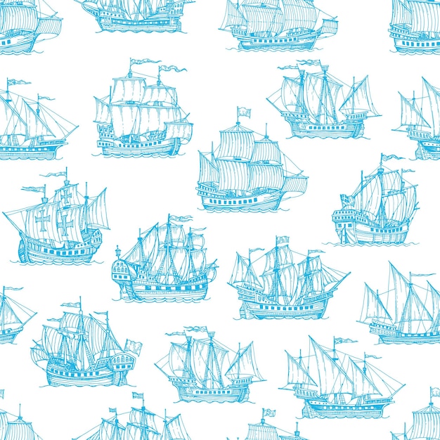 Sail ship sailboat brigantine seamless pattern