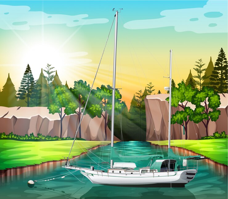Vector sailboat floating on the canal