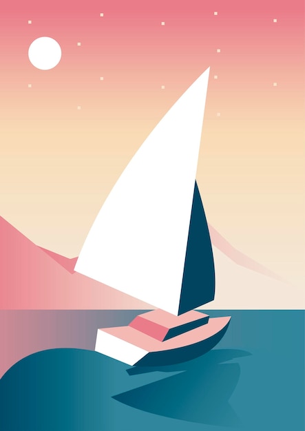 Vettore barca a vela nel disegno dell'illustrazione di vettore di scena del paesaggio di viaggio di aventure del lago