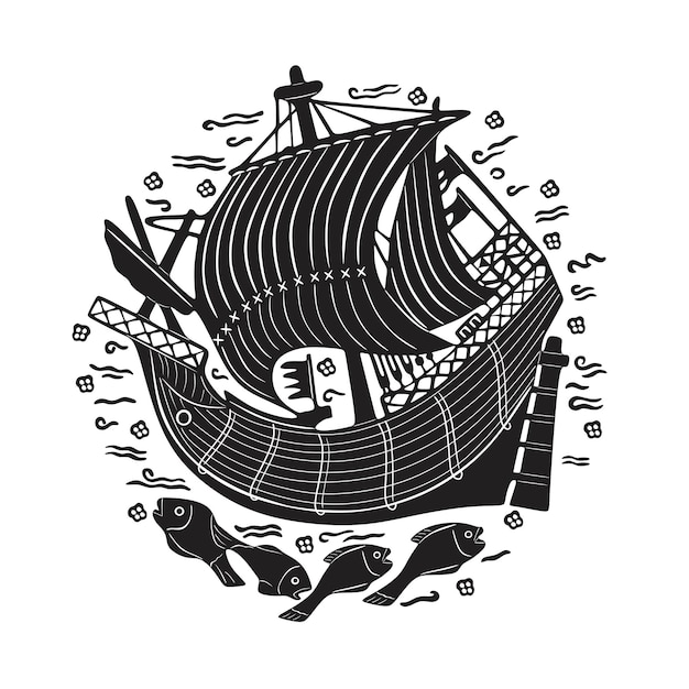 Логотип парусника с силуэтом рыбы ручной работы