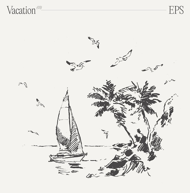 ベクトル 熱帯のビーチの帆船とナツメヤシのスケッチ
