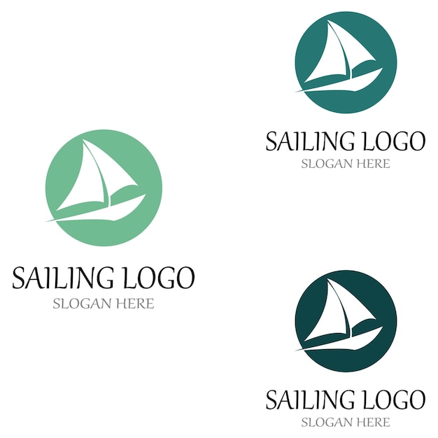 波の波とヨットまたは帆船のロゴロゴアイコンデザインコンセプトベクトルイラストテンプレートを使用して
