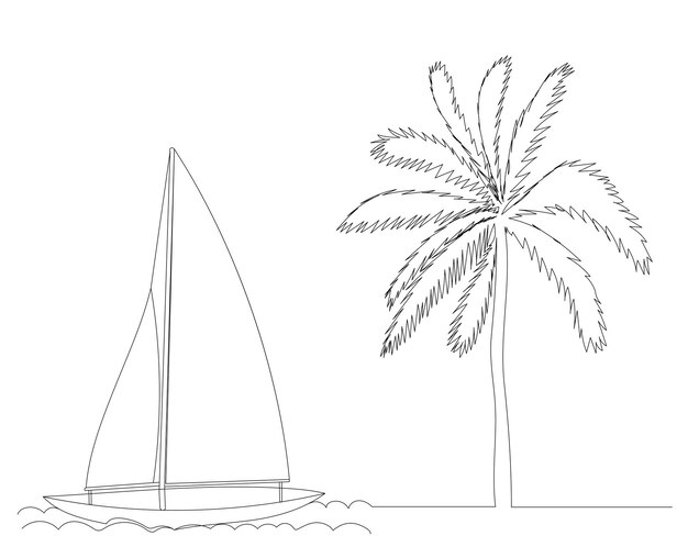 Sailboat and palm tree drawing in one continuous line isolated vector