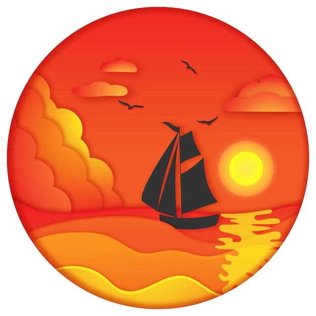 Sailboat in the sea seascape by sunset in paper cut style