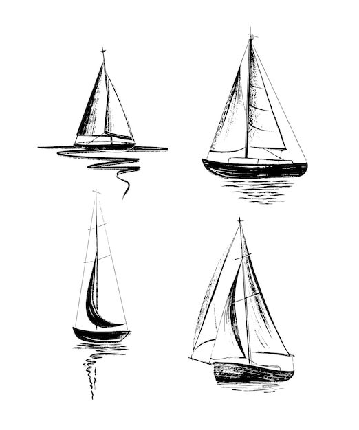 Sailboat at sea set. Abstract minimalistic style. Hand drawn in black ink, brush and paint texture.