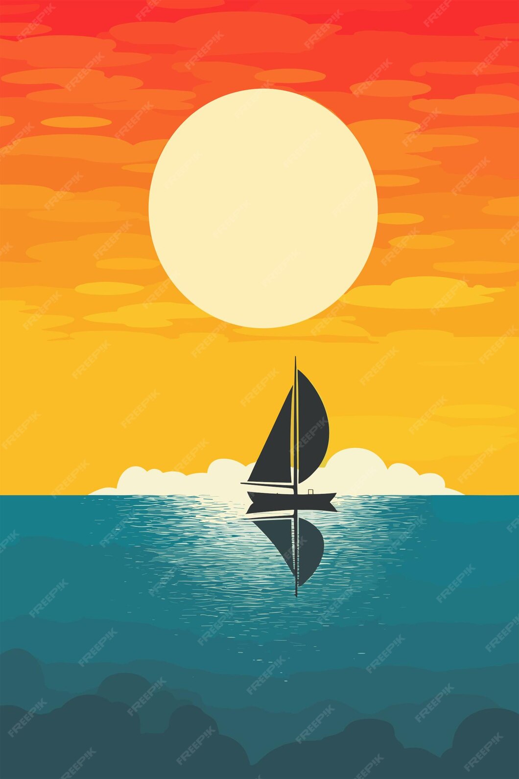 Premium vector sailboat on the sea with sun behind vector art