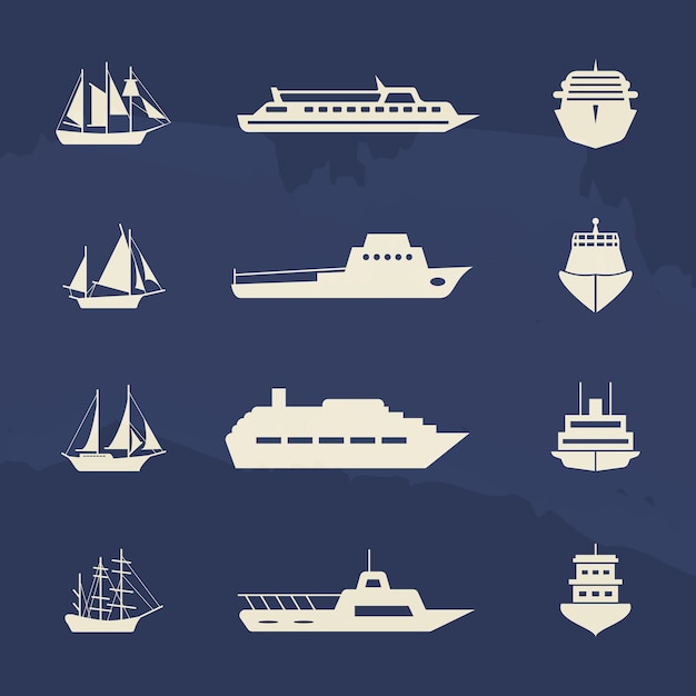Vettore raccolta delle icone della nave e della barca a vela sul contesto di lerciume