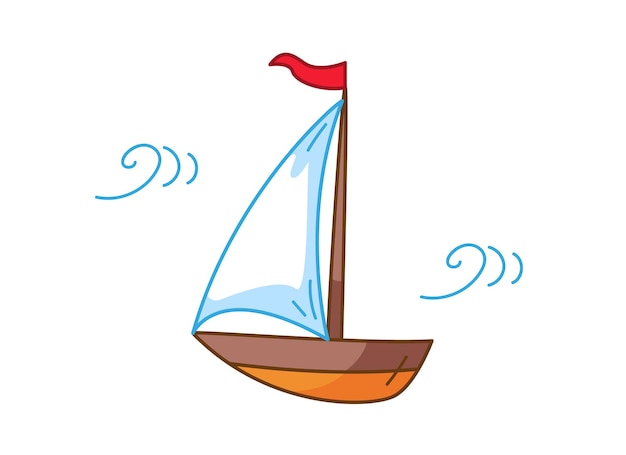 Vettore barca a vela, nave con contorno. illustrazione vettoriale in stile infantile del fumetto. clipart divertente isolato su priorità bassa bianca. stampa carina.