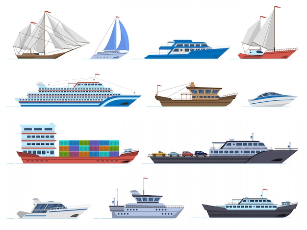 Vector sailboat ships. sea transportation boats, cargo ship, yacht, sailing boat, speed boat and ocean cruise liner, sailboats   icons set. sailboat and ship, vessel and cruise illustration