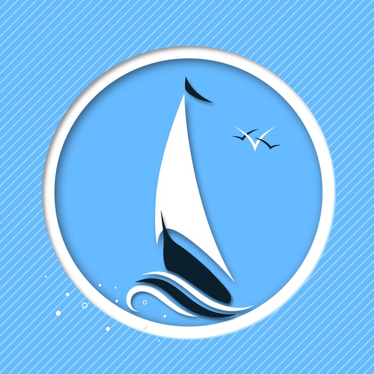 Vector sailboat at speed rushing through the waves. vector paper cut illustration in blue, black and white.