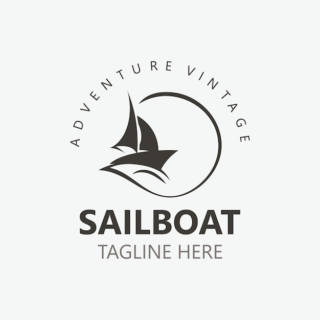 Sailboat vintage logo minimalist with wave travel yacth or sailing boat vector design template