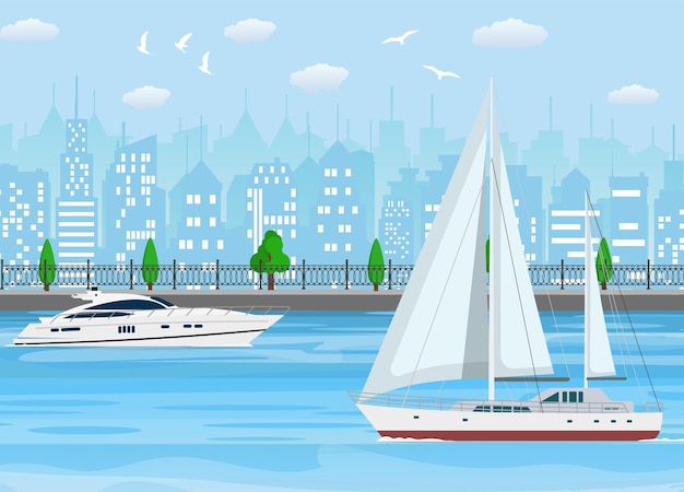 Vector sailboat with white canvas and modern yacht on water surface near coast line