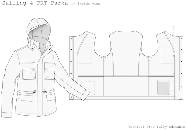 Vettore sailing 4 pkt parka_ un disegno tecnico di una giacca con vista interna