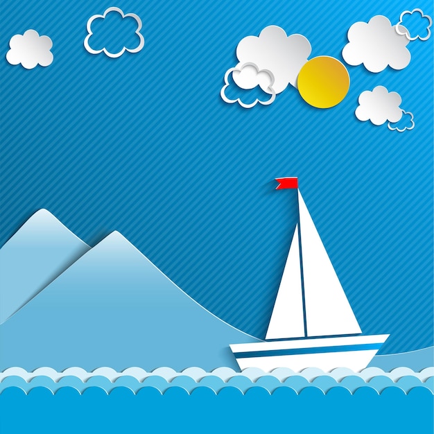Barca a vela e nuvole con montagne sullo sfondo