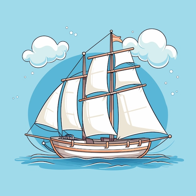 Вектор Парусная лодка, плавающая на поверхности воды векторная цветная иллюстрация мультфильма
