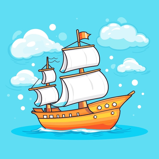 Sailing boat floating on water surface Vector cartoon color illustration