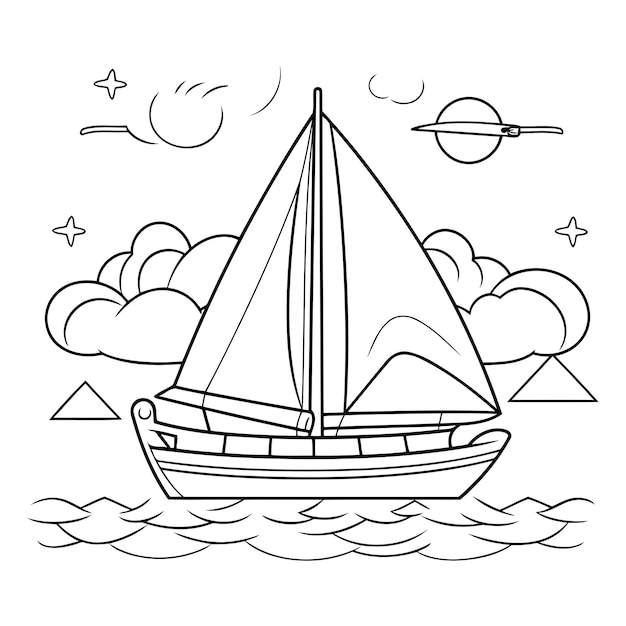 Вектор Парусная лодка в море книга для окрашивания для детей