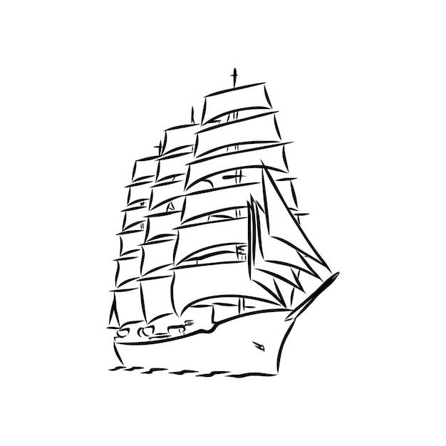 Sailing boat vector hand drawn sketch isolated with waves. Sea yacht floating on the water surface.