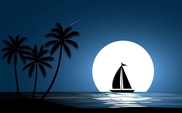 Sailing boat with full moon and palm trees