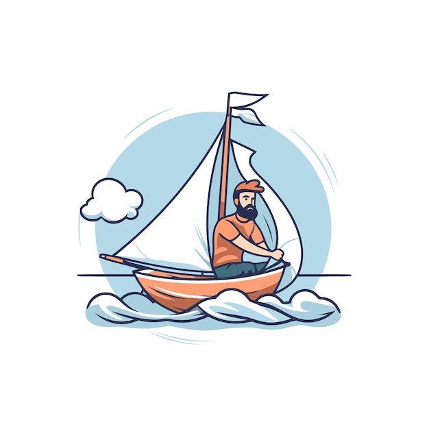 Sailing man on a sailboat Vector illustration in cartoon style